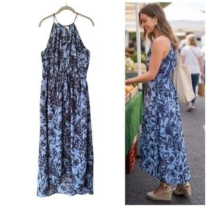 LOFT Blue Floral Halter Maxi Dress Size M High Low Keyhole Vacation Summer Boho